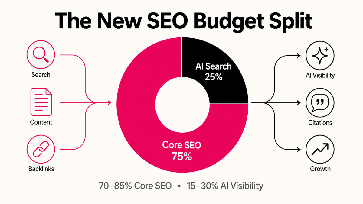 Donut chart showing the recommended SEO budget split: 70–85% allocated to core SEO and 15–30% to AI search visibility.